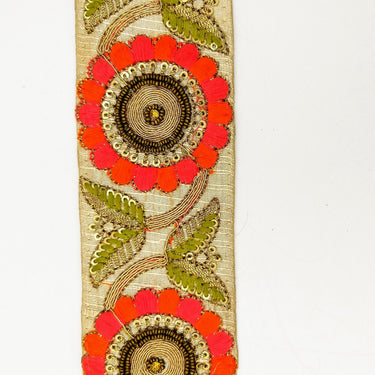 Beige Art Silk Lace Trim, Floral Embroidery in Green, Pink and Orange
